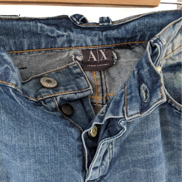 Armani Exchange Jeans Straight Leg Blue Denim Destroyed Ripped Raw Hem Cotton - Picture 11 of 13